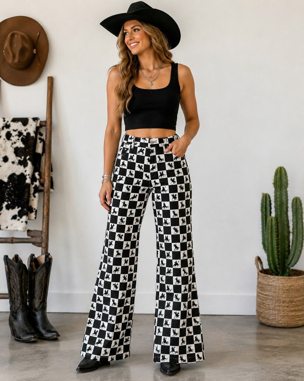 Southern Stitch Cowboy Checkered Wide Leg Pants Women L NWT Western Rodeo